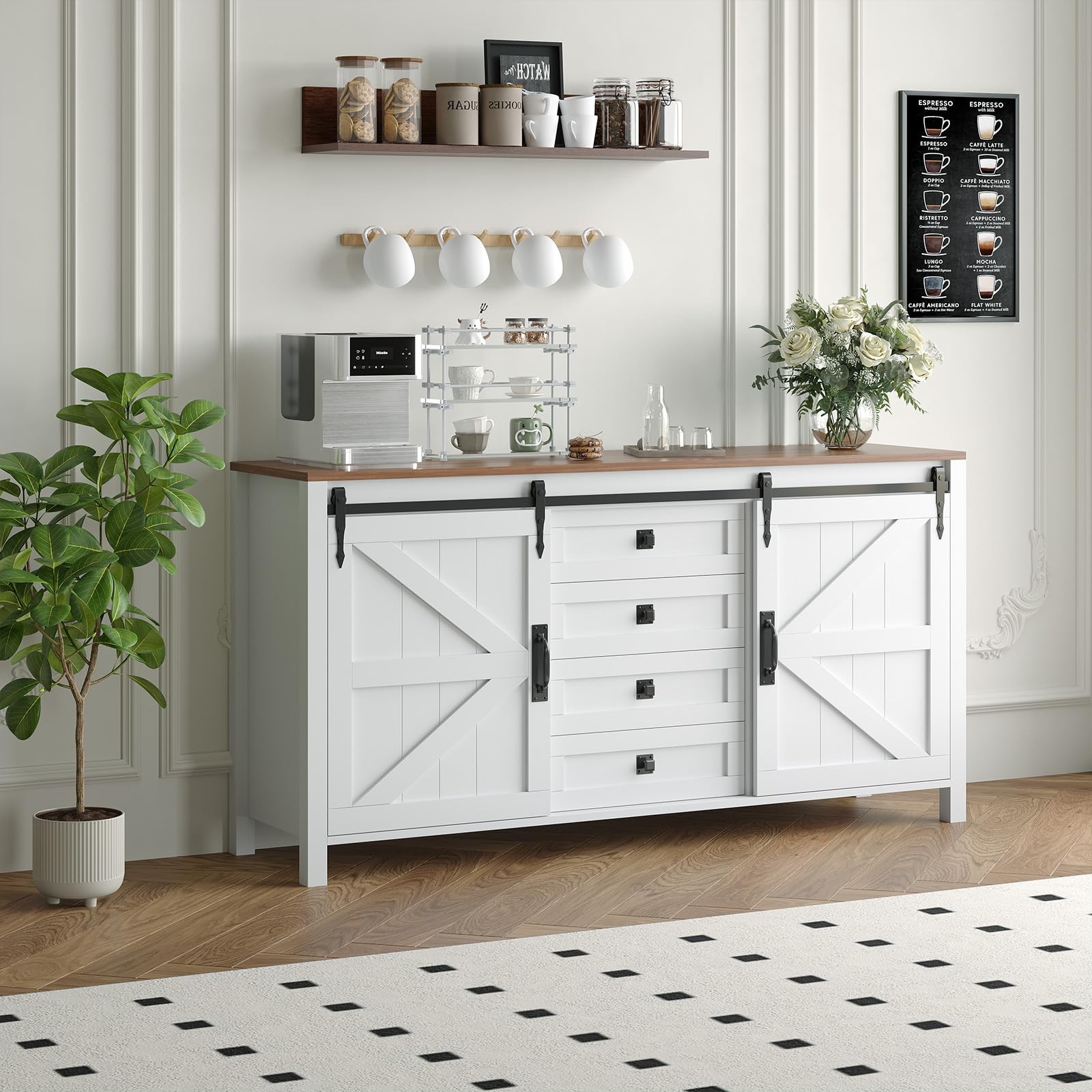 Barn Door Console Table Rustic Sideboard Storage Cabinet