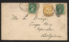 CANADA KINGSTON TO BELGIUM MULTICOLOURED QV STAMPS 5c RATE ON COVER 1891