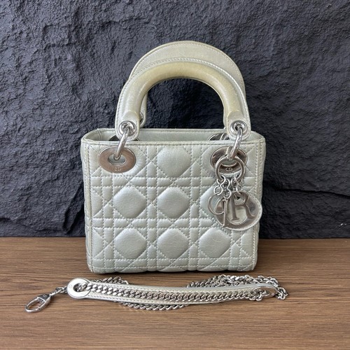 Authentic Dior Lady Dior Mini Sage Green Leather Cannage Bag Silver Hardware