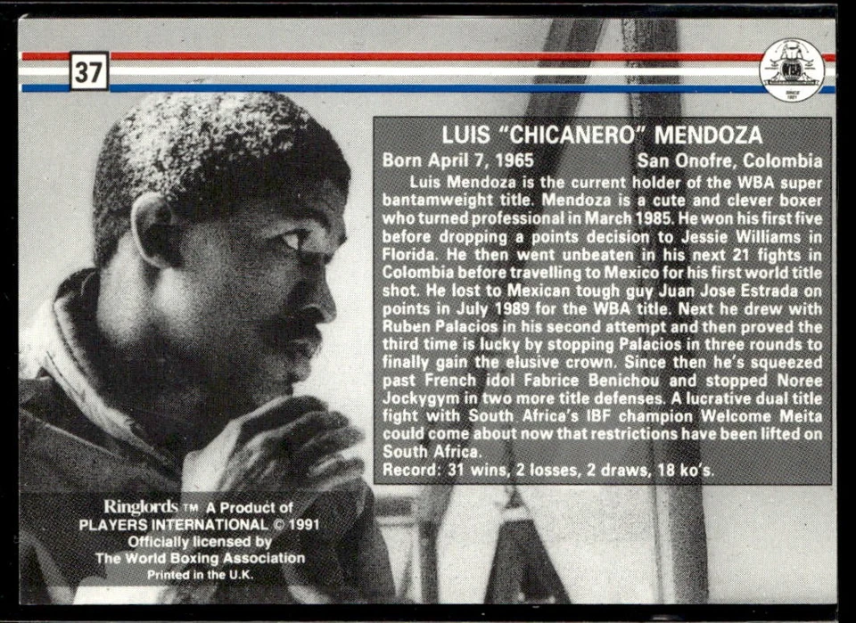 1991 Ringlords #37 Luis Mendoza - Image 2 of 2