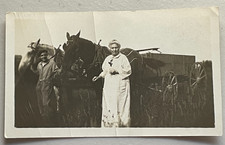 Antique Photo Old Woman By Farmhand Holding 2 Horses Hitched To Wagon In Field