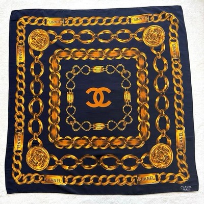 CHANEL Large Navy & Gold Chain Pattern Silk Scarf Used