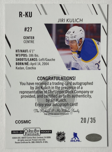 2024-25 UD OPC Platinum COSMIC ROOKIE AUTOGRAPH JIRI KULICH AUTO 20/35 - Picture 2 of 2