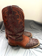 BOULET ladies hand tooled chestnut leather square toe cowboy western boots sz 9