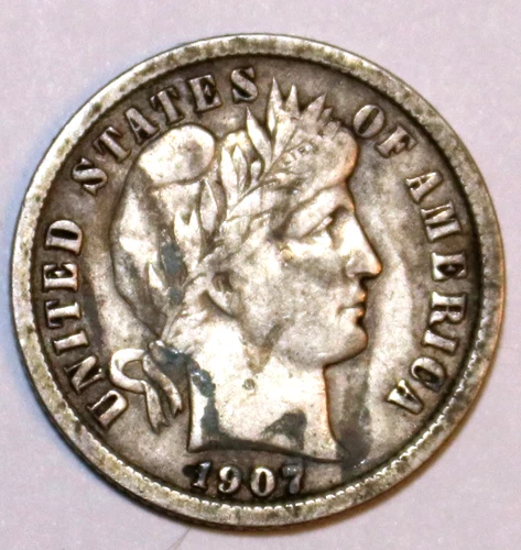 1907-P Barber Silver Dime - Fine - #1002E - FREE SHIPPING
