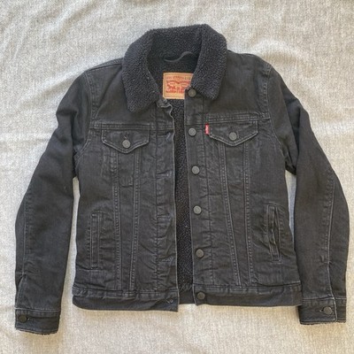 Levi's Premium Trucker Jacket Womens XS Black Sherpa Denim Shearling Lined EUC