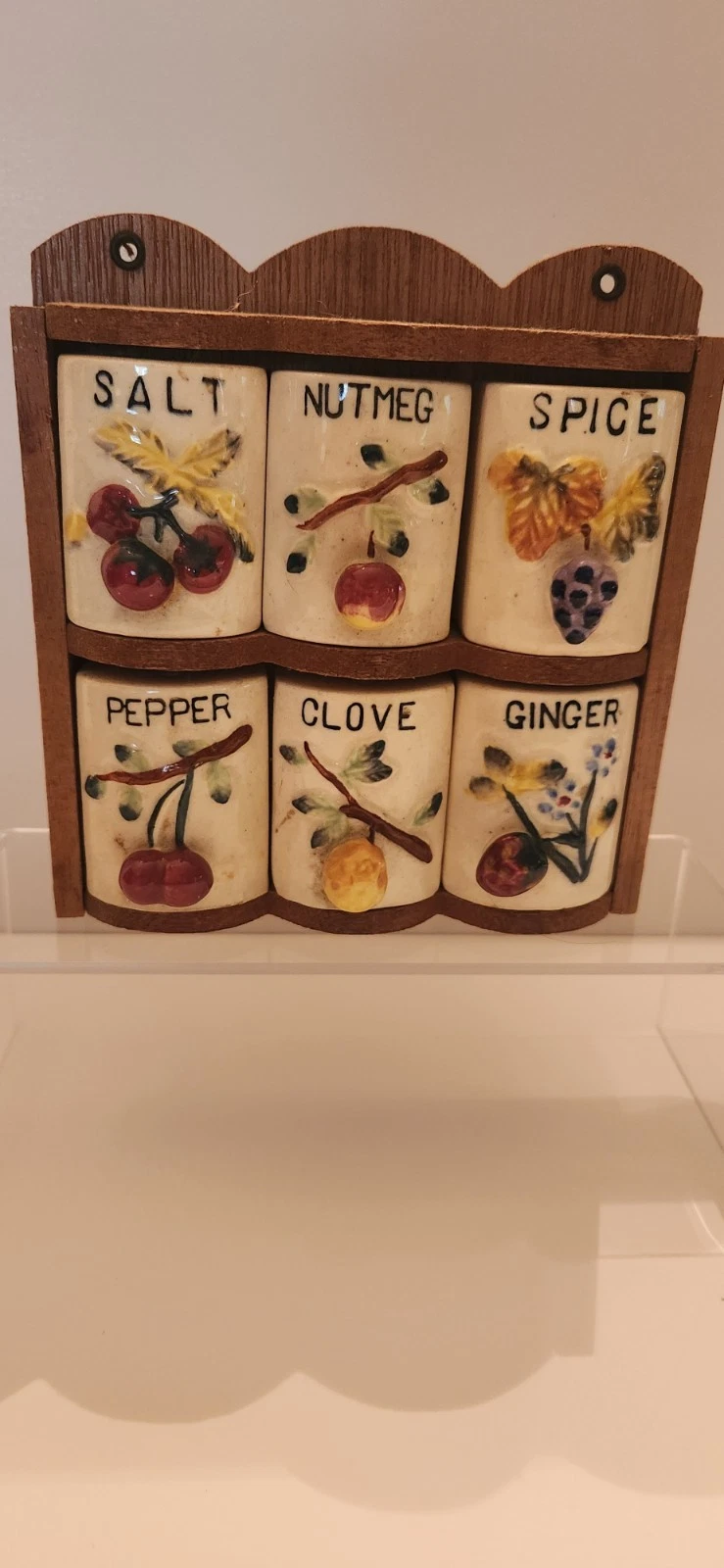 Vintage Wall Mount Wood Spice Rack With 6 Fruit Motif Shakers-Japan