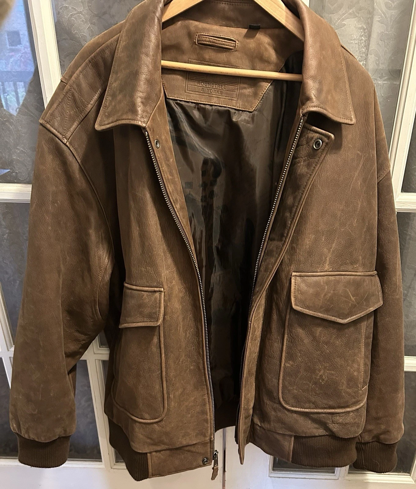 Roundtree & Yorke Men's Brown Genuine Leather Bomber Jacket Lined Zip 3XL - product detail image 3