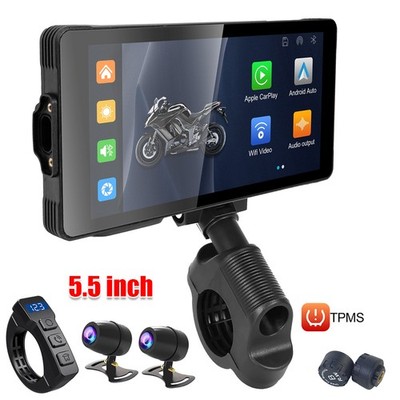 5.5'' GPS Motorcycle Navigator Wireless CarPlay Android Auto Touch Screen + TPMS