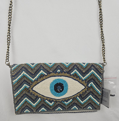 America & Beyond NWT Grecian Nights Evil Eye Clutch Beaded Metal Chain Strap