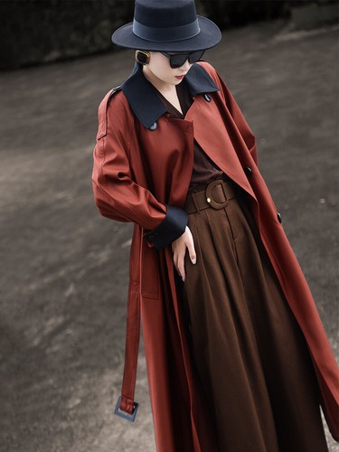 Retro Womens Double Breasted Mid Long Trench Coat Overcoat Loose Fit Color Block - Picture 2 of 26