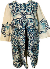 Chico's Artisan Print Linen Open Jacket 2 L-XL Beige/Blue 3/4 sleeve NWT 129