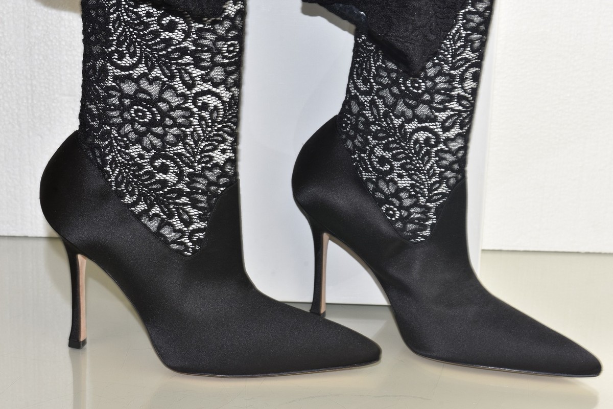 Bottes Manolo Blahnik Pascalrehi OTK - Dentelle Et Satin Noir - Taille 38.5/39.5 - Neuf Avec Boîte