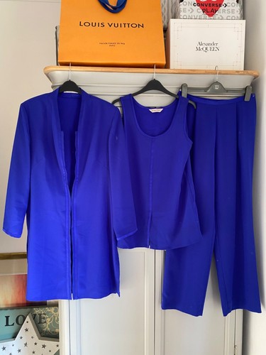 JACQUES VERT Mother of the Bride Outfit Size 12 Top Jacket 14 Trousers Suit Blue