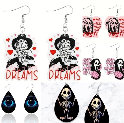 Halloween Horror Inspired Dangle Drop Hook Earrings Faux Leather, Enamel Or Wood - Picture 5 of 101