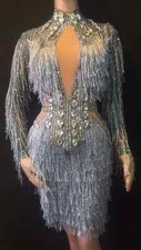 Women Sparkling Rhinestone Crystal Fringes Bodycon Dress Performance Stage Wear
