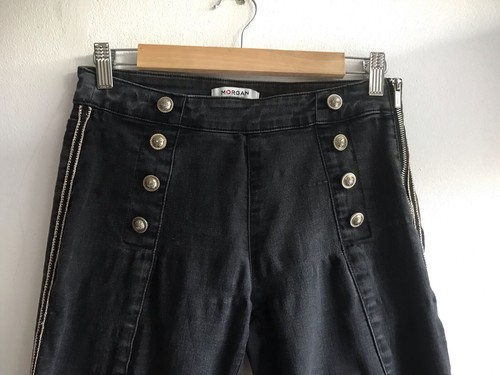 MORGAN De Toi Faded Black Denim Jeans Mid Rise Buttons Embroidered Side Size 40 - Picture 2 of 7