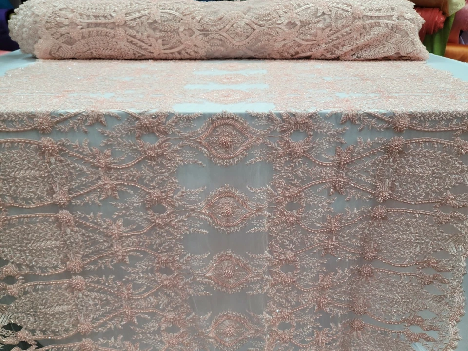 Beaded Lace Embroidered Sequin Mesh Flower  Wedding Dress By The Yard Blush Pink - Image 4 of 4