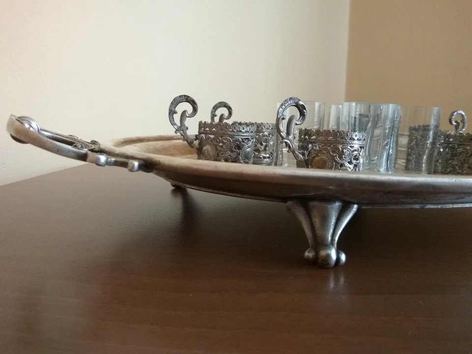 Antiguo juego WMF alemán Art Nouveau 6 piezas. Portavasos y bandeja de vidrio plateado Foto 3 de 4
