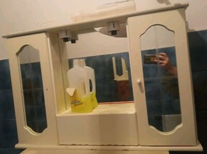 White Lacquered Bathroom Mirror Open Shelves 2 Doors Shelves Lights Lighting