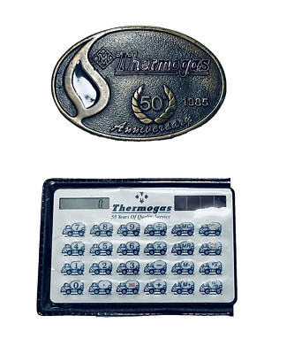 Vintage Thermogas 50th Anniversary 1985 Belt Buckle & 1990 Solar Calculator