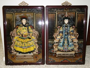 Vintage Chinese Reverse Glass Painting Portrait Emperor & Empress