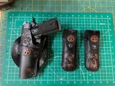 Handmade Leather Straight hang LH Holster 2 mag pouches 1911 Custom Carving