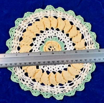Doily Crocheted 8'' Round White Yellow Green 3D Flower Pattern