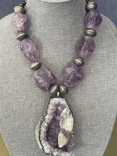 Statement Amethyst Necklace Bold Large Rough Amethyst Geode Handcrafted 1.7 LBS - Picture 4 of 15