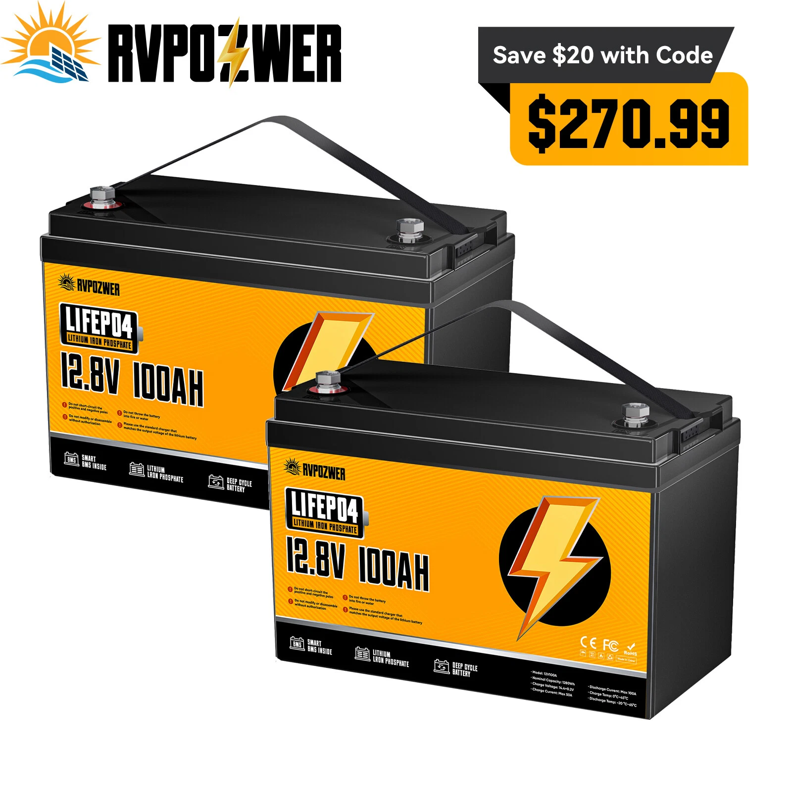 24V 100Ah LiFePO4 Lithium Battery 2Pack