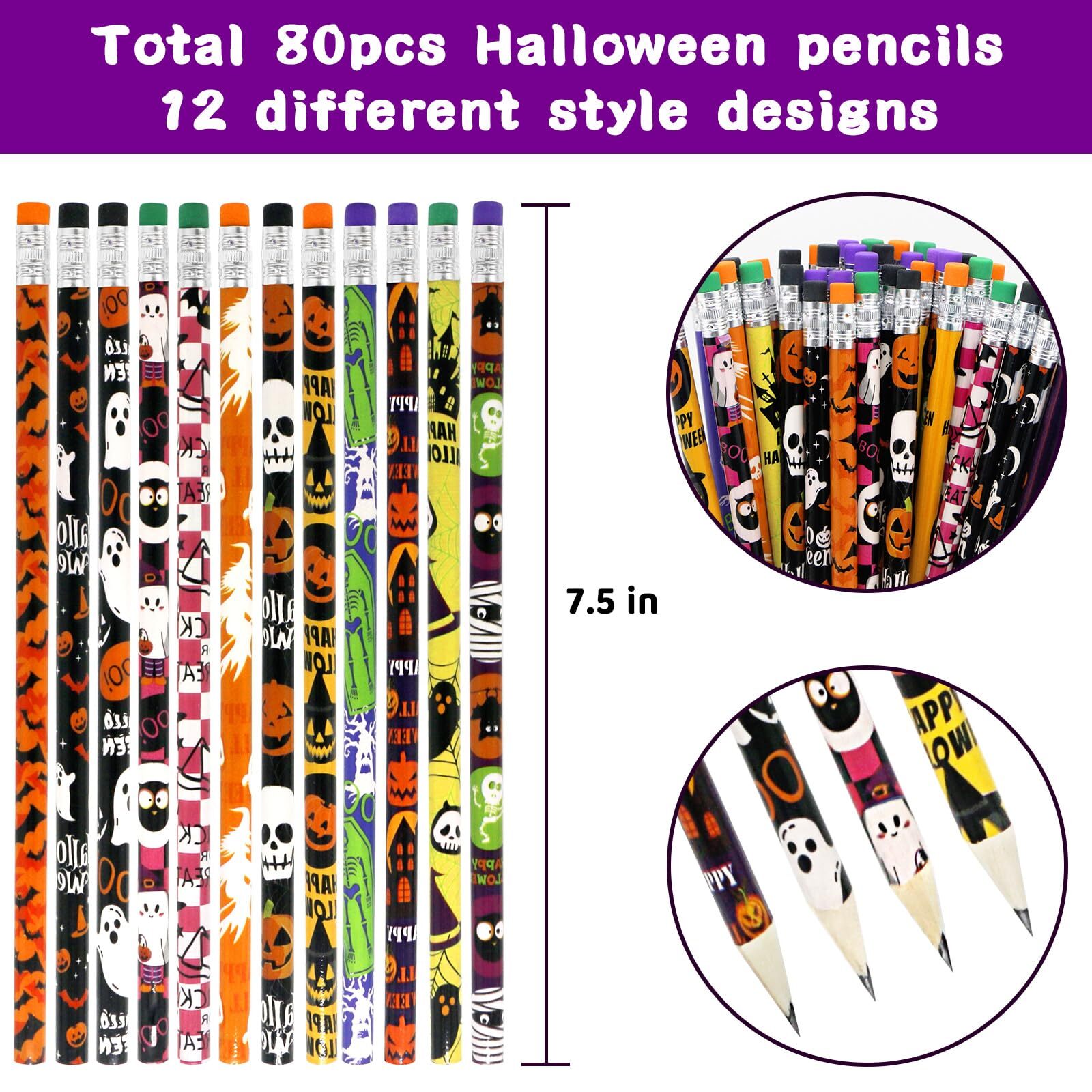 80-Piece Halloween Pencils Bulk Pack with Erasers - Colorful Wooden Pencils for Spooky Fun
