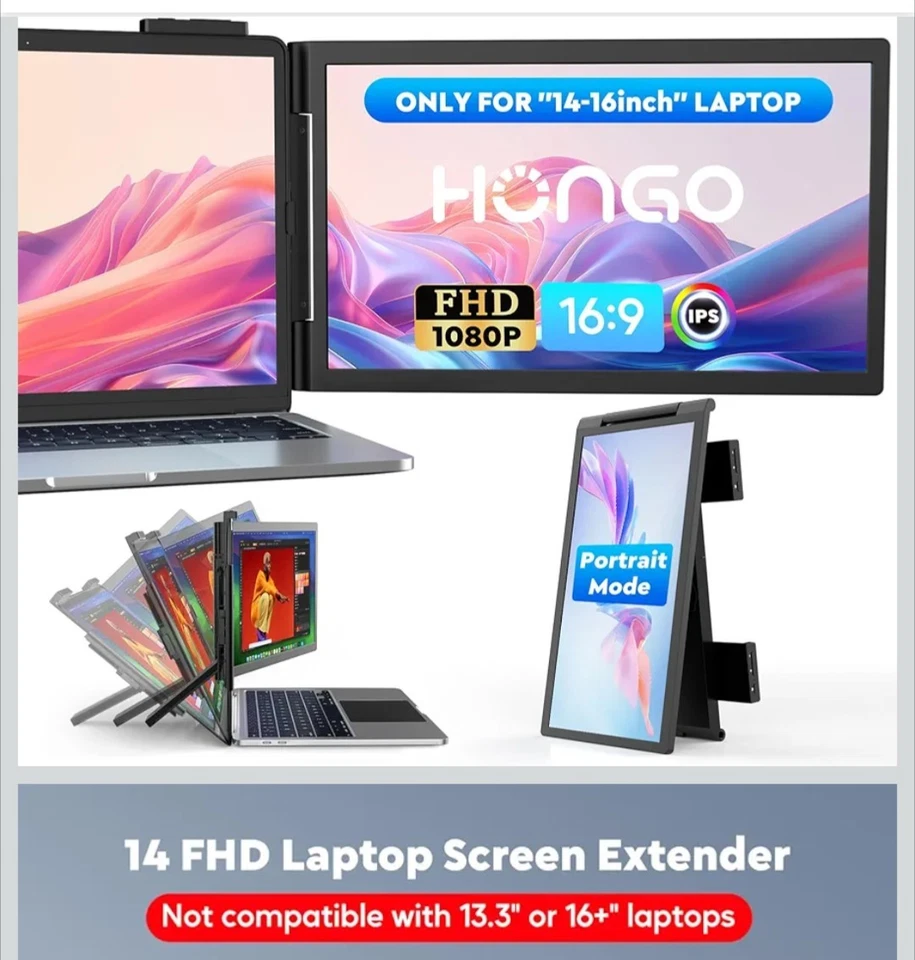 HONGO 14" FHD 1080P Laptop Screen Extender Portable Dual Monitor - Fits 14”-16” - Image 4 of 4