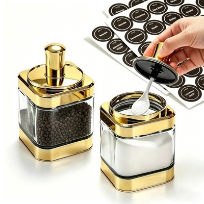 Gold Glass Condiment Pots, 12 Ounce Spice Jars with Airtight Lid and Attached...