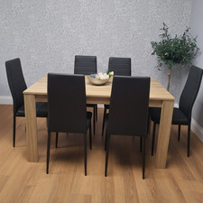 Oak Effect Dining Table Set With 6 Black Faux Leather Chairs Dining Furniture