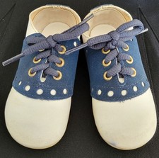 Vintage Baby Boys or Girls Saddle Shoes Size 4  5x2" White Navy Leather Lace Up