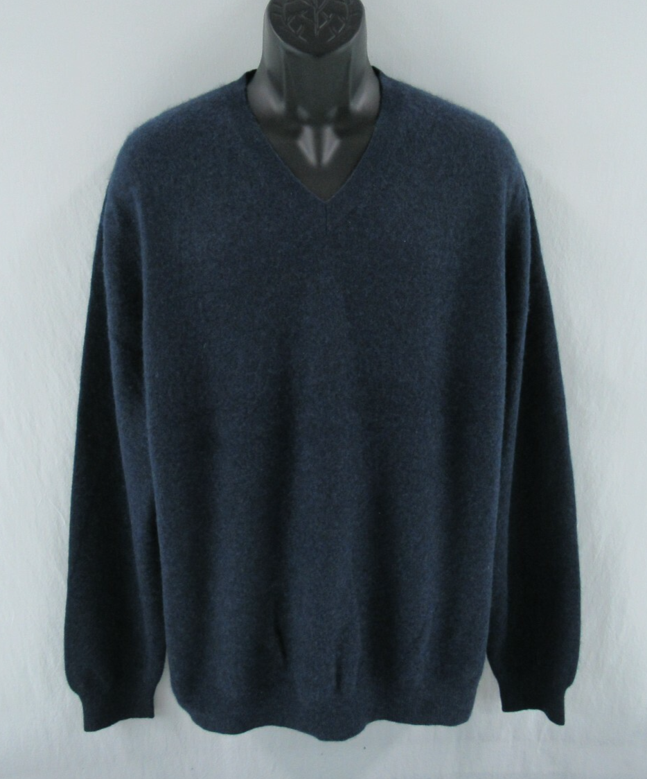 FORTÉ Men's 100% Cashmere V-Neck Navy Pullover Sweater Size XXL