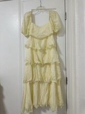 Women’s Yellow Solid Square Neck Puff Short Sleeve Ruffle Midi Dress Zip S