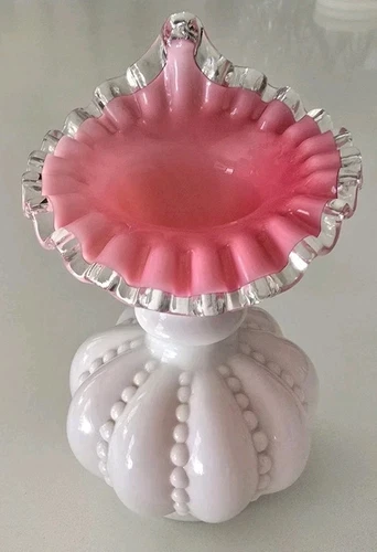 Fenton Jack in the Pulpit Pink White Cased Beaded Melon Vase w/Silver Crest