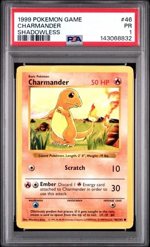 PSA 1 Shadowless Charmander #46/102 Base Set Pokemon 1999 WoTC PR