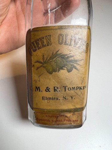 Antico vaso bottiglia etichetta TOMPKINS 1890 olive oliva Elmira New York NY - Foto 22 di 24