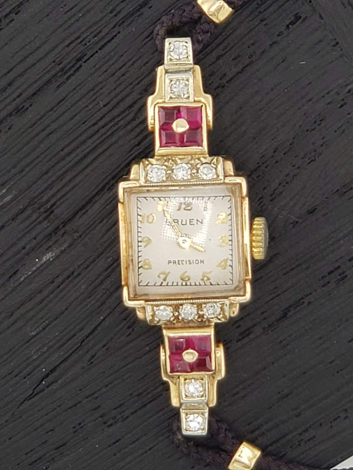 Vintage Gruen Precision Ladies Watch 14K Gold Diamond Ruby Art Deco Running