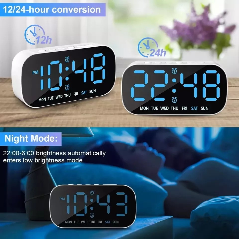 Large LED Display Electric Digital Alarm Clock with Battery Backup and Snooze US