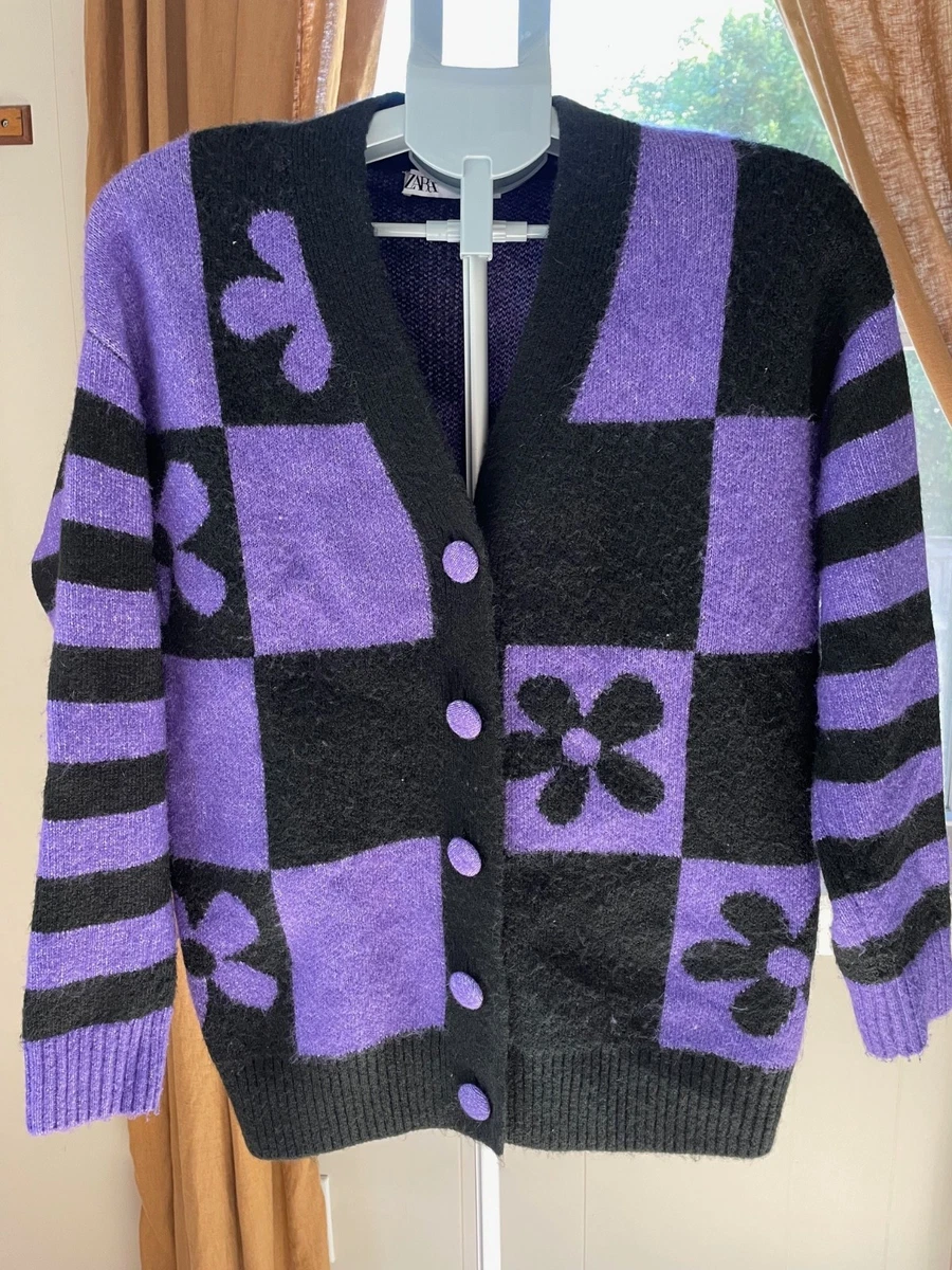 Zara Womens Cardigan S Oversized Purple Black Checkered Floral Knit Sweater