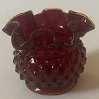 Vintage ~ Fenton Ruby Red Hobnail Vase ~ Clear Ruffled Edges Yellow Base~ Signed