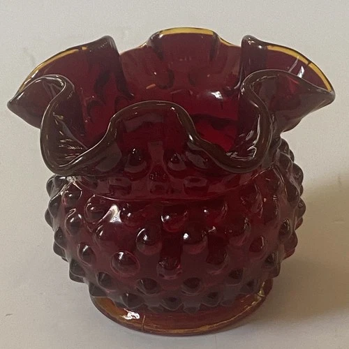 Vintage ~ Fenton Ruby Red Hobnail Vase ~ Clear Ruffled Edges Yellow Base~ Signed
