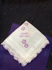 NOS Vintage Happy Birthday Handkerchief With Purple Flowers
