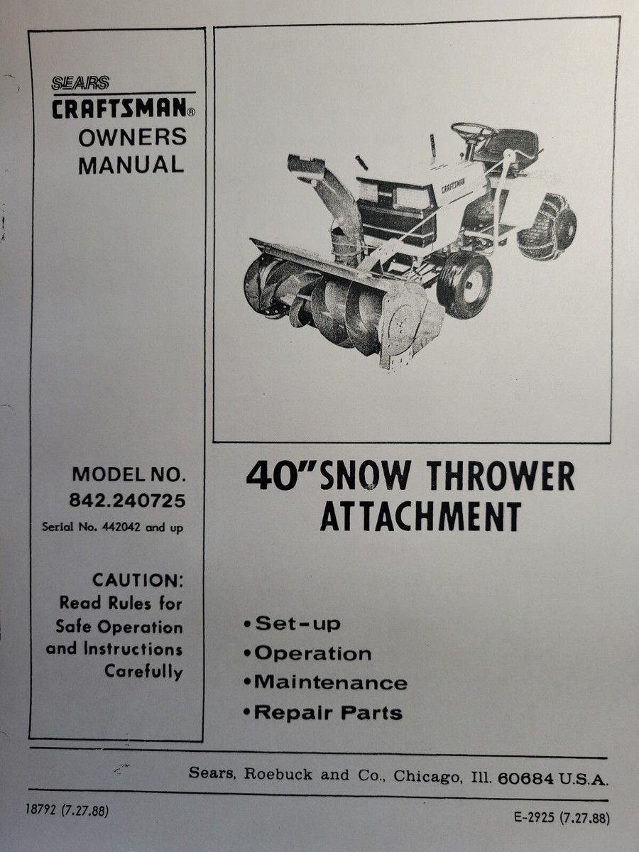 Sears Craftsman​ Garden Tractor 40 Snow Thrower Owner & Parts