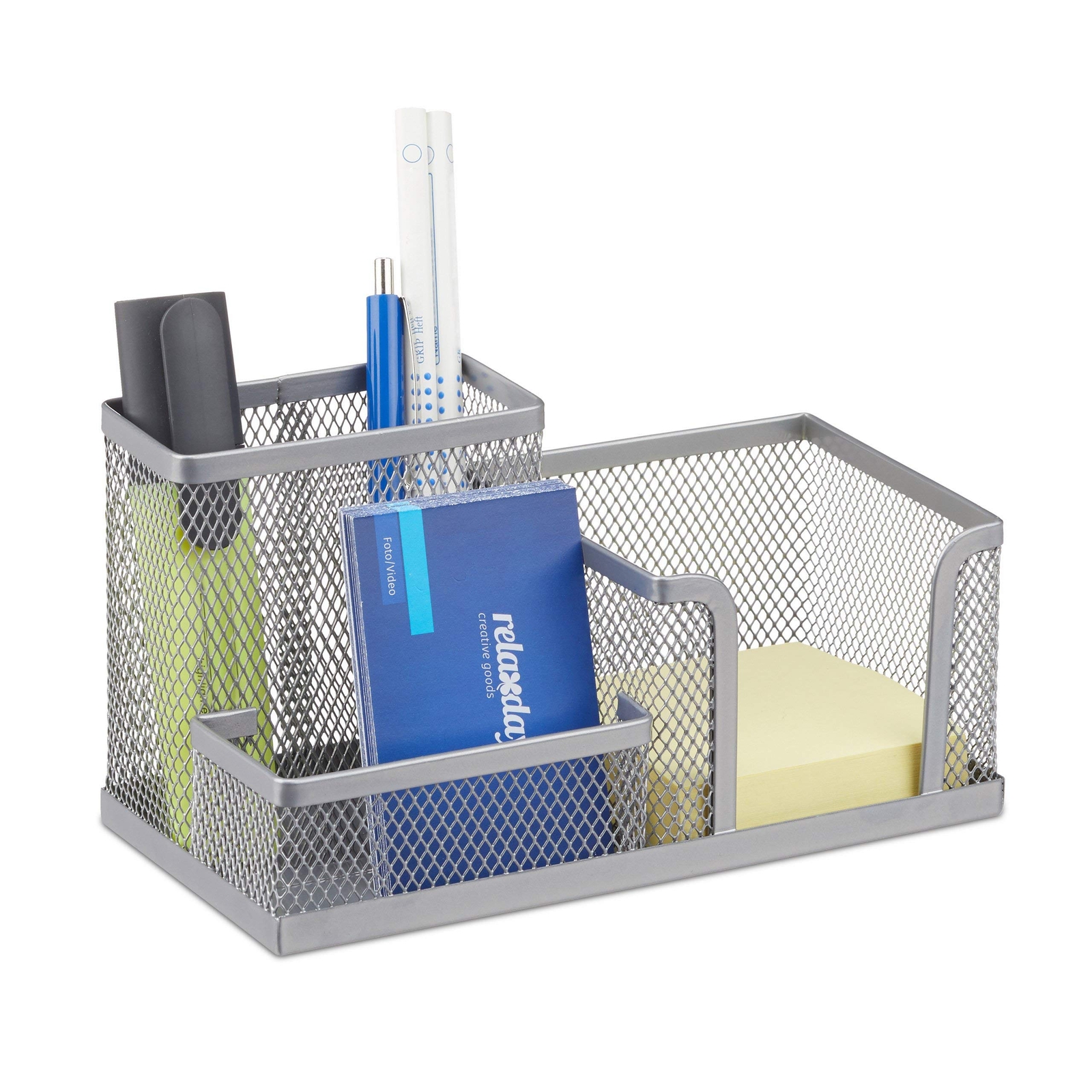 Relaxdays Metal Mesh Desk Organizer Office Desk with Pen holder and Note Holder,