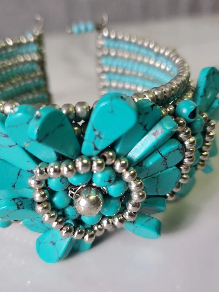 Brazalete Western Boho Azul Imitación Turquesa Flor de Calabaza Flor Brazalete Foto 2 de 4