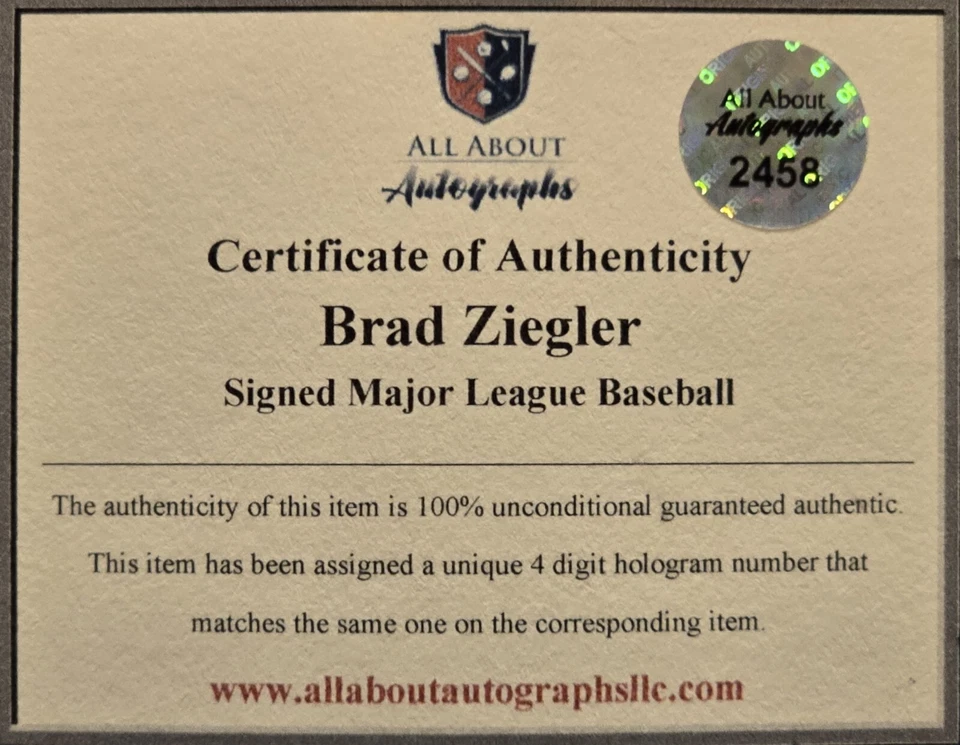 Brad Ziegler Arizona Diamondbacks Firmado Autografiado OMLB Béisbol con Certificado de Autenticidad AAA Foto 3 de 3